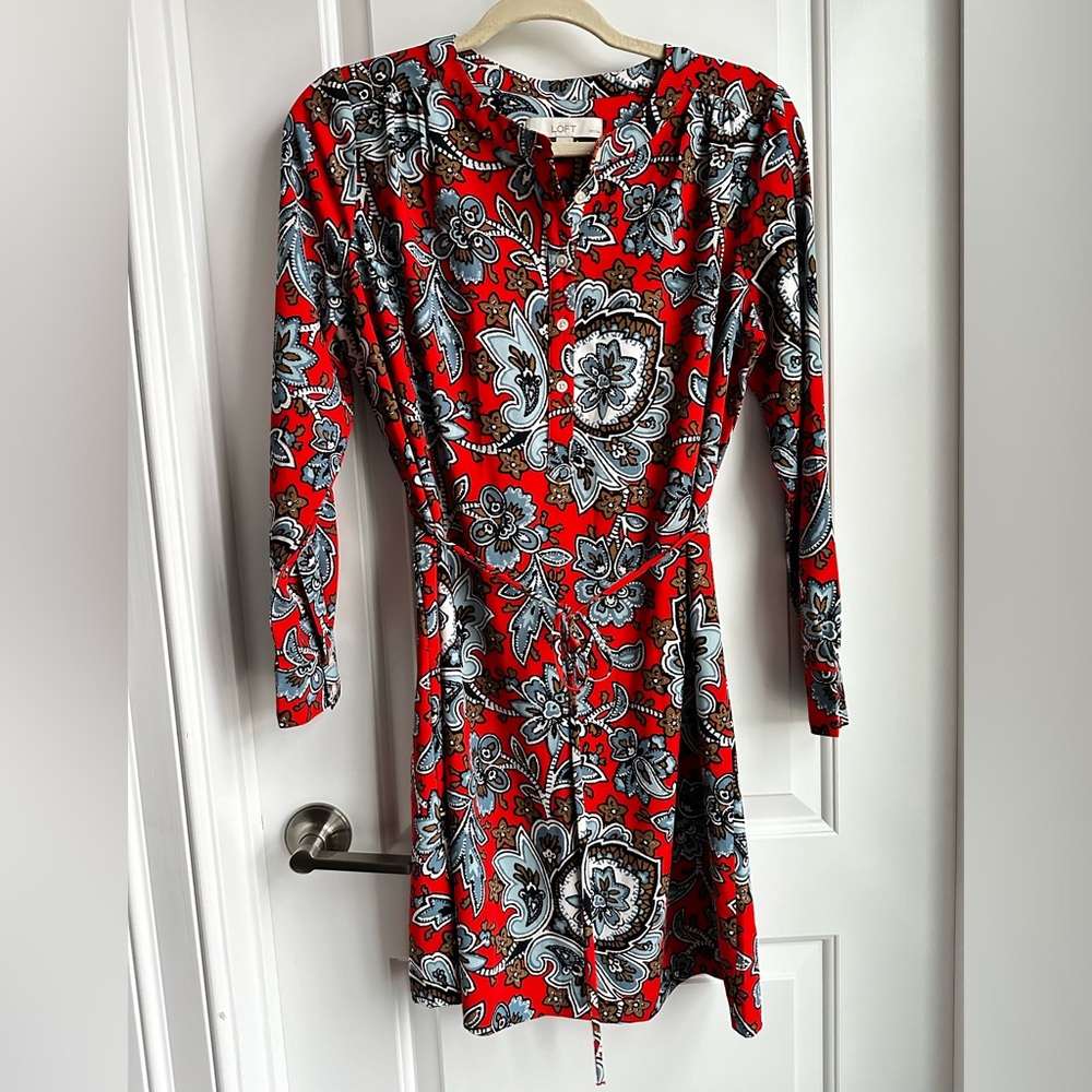 LOFT Belted Shift Long-sleeve dress in paisley floral
